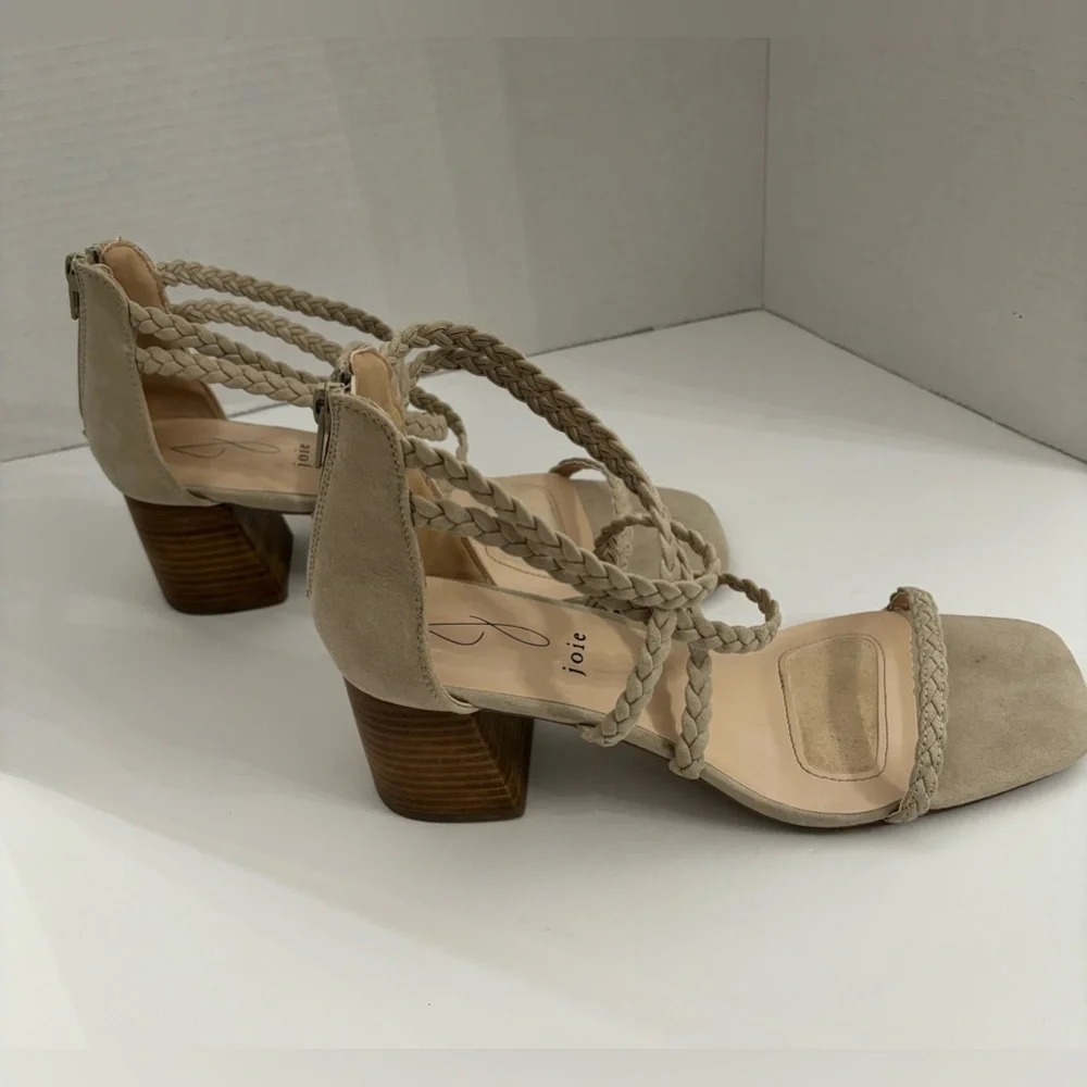 Joie Felina Women Beige Braided Open Toe Strappy Block Heel Sandals Size 9.5